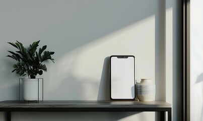 Poster - handphone mock-up on a shelf in a modern room with a plain white screen behind it