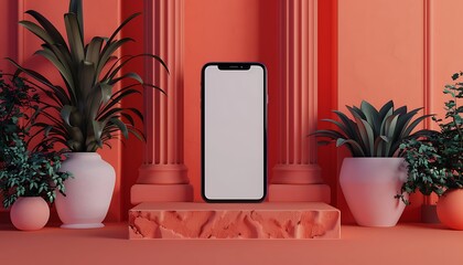 Poster - Render a handphone mock-up in a room filled with artistic elements, contrasting against a white screen