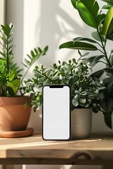 Poster - composition featuring a handphone mock-up placed on a table in a cozy room, with a white screen