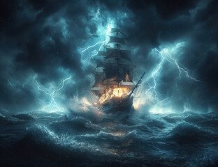 Wall Mural - Pirate ship sailing in the middle of a storm and strong wave of the sea, the sea waves are very high and big, lightning also strkes in the middle of storm