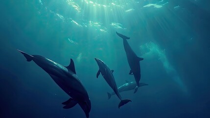 Wall Mural - An underwater symphony, where the songs of whales and dolphins fill the ocean depths 