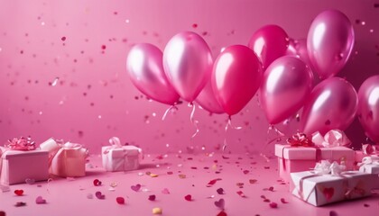 Wall Mural - 'confetti background inscription logo. balloons pink birthday helium text side hearts space Beautiful shape inflated gifts colourful gift mother realistic love template woman box romantic weddin'