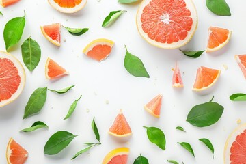 Wall Mural - Arrangement of grapefruit slices and leaves on white backdrop