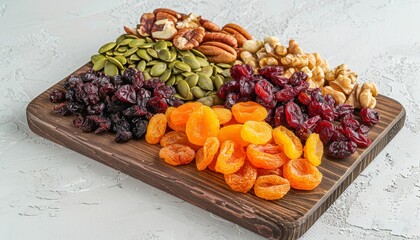 Wall Mural - Assorted dried fruits nuts and seeds displayed on the kitchen board