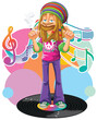Colorful illustration of a hippie enjoying music.