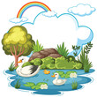 Colorful illustration of ducks in a serene pond.