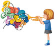 Illustration of a girl playing trumpet with vibrant musical notes.