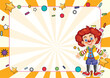 Cheerful clown with colorful background and decorations.