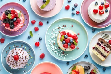 Assortment of homemade desserts and cakes with fresh berries chia pudding pavlova cheesecake slice and cakes on vibrant plates