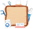 Vector illustration of dental care tools and smiling teeth.
