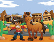 Illustration of a cowboy with a horse in a desert town.