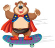 Cartoon bear in superhero costume skateboarding