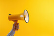 Holding megaphone in hand on yellow background.