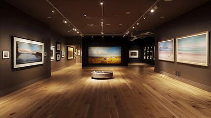 Wall Mural - A sleek home gallery with track lighting and rotating art displays