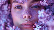 Woman portrait with lilac flowers around her head and with polen on her face. Beautiful spring concept.