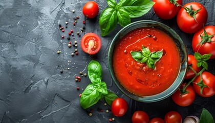 Wall Mural - Basil infused tomato soup served in a bowl