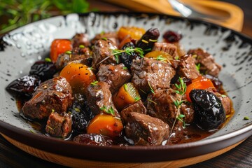 Wall Mural - Beef and vegetable stew with prunes on plate horizontal