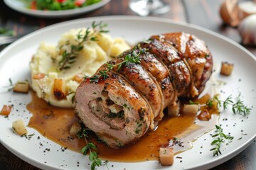 Wall Mural - Beef roll stuffed with chicken and pork served with mashed potatoes on table