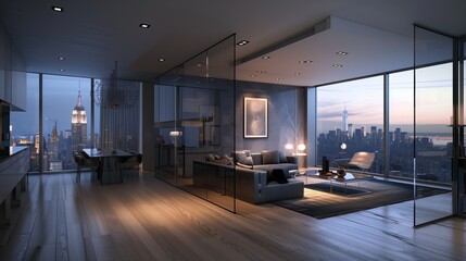 Wall Mural - A sleek, open-concept apartment with a glass partition and cityscape view