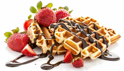 Sticker - Belgium waffles with chocolate sauce and strawberries on white