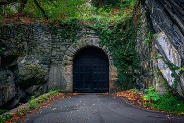 Poster - Black door in the tunnel road wall