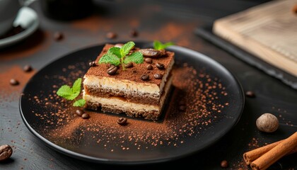 Poster - Black plate with tiramisu and coffee sprinkled with cinnamon