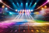 Fototapeta Sport - An electrifying sports arena aglow with an array of colorful spotlights and dazzling displays