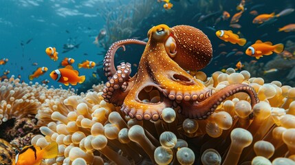 Encountering a friendly octopus amidst a garden of swaying sea anemones and colorful clownfish  