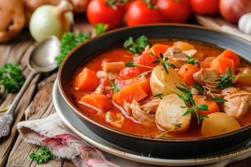 Wall Mural - Chicken stew with vegetables on plate