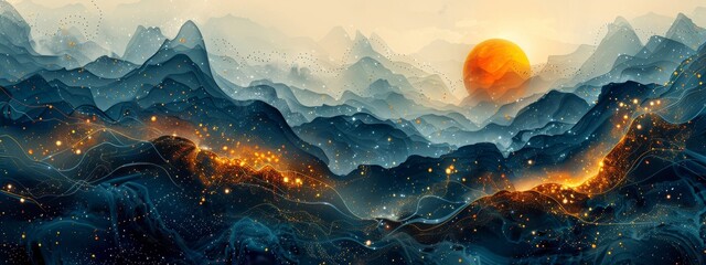 Wall Mural - a long blue and orange wave of light with stars and a black background