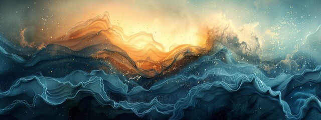 Wall Mural - a long blue and orange wave of light with stars and a black background