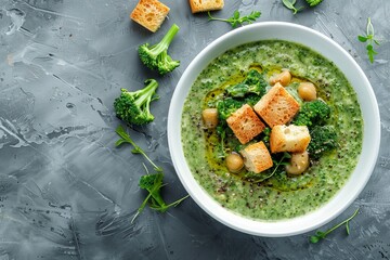 Wall Mural - Broccoli cream soup with croutons in white bowl on grey background Vegetarian and vegan friendly Top view with empty space