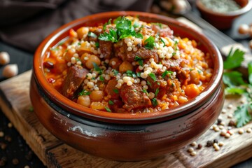 Wall Mural - Bulgur and chickpeas in red sauce with dried fruits and stewed meat