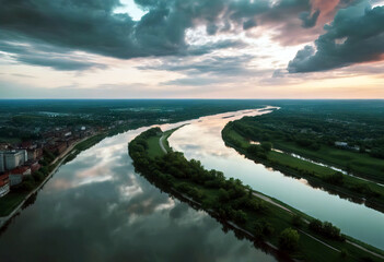 Wall Mural - 'reflected water twilight Beautiful now quiet It river view aerial clouds calm great river River Aerial Above Water Great Calm Peace Sky Blue View Nature Sunrise Twilight Red Field Dawn Landscape'