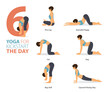 6 Yoga poses or asana posture for workout in start the day concept. Women exercising for body stretching. Fitness infographic. Flat cartoon 