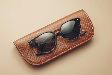 Chic sunglasses with brown case on beige patterned background