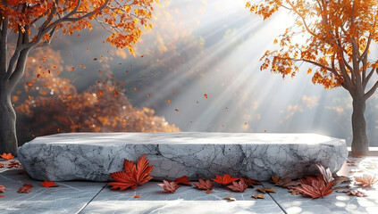 Wall Mural - A circular stone podium with an autumn theme, set against a white wall background. Created with Ai
