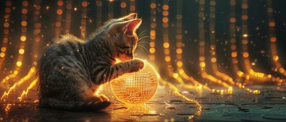 Wall Mural - Cat playing with a golden ball of yarn that unravels to reveal a blockchain code, A whimsical representation of the curiosity and exploration of new technologies