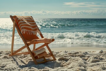 Beach chair with a folded towel on beach beautiful light and shadows.