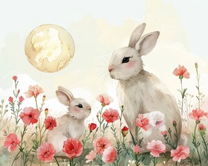 watercolor hand drawn rabbit and her bunny in a field of carnations, bright pastels, serene mothers 