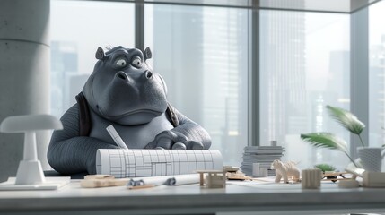 A cartoonish looking elephant sits at a desk with a piece of paper in front of him. The elephant appears to be deep in thought, possibly working on a project or solving a problem