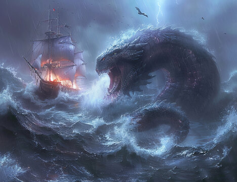 Pirate ship fighting against sea monster in the middle of storm and strong sea waves