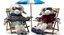   Two Plush Sheep Seated Side By Side On A Lawn Chair, Beneath A Blue-and-white Umbrella