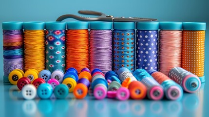 Wall Mural -   A collection of vibrant thread spools with scissors in their midst