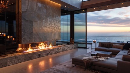 Wall Mural - A luxurious fireplace with sleek marble accents adds a touch of elegance to the room with sweeping views of the ocean just outside. 2d flat cartoon.