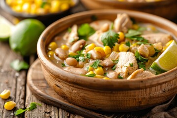 Wall Mural - Close up horizontal photo of homemade white chicken chili with beans lime and corn on table