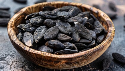 Poster - Close up macro photo of tonquin beans black and wrinkled seeds of the Dipteryx odorata tree in a wooden bowl