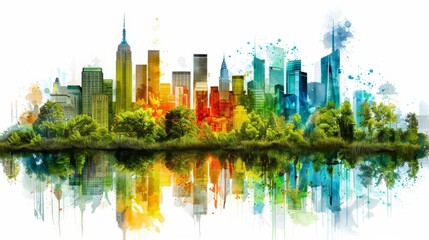 Wall Mural - A colorful cityscape with many buildings and a large New York City skyscraper