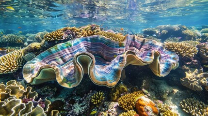 Wall Mural - Marveling at the intricate patterns of a giant clam nestled among a rainbow of coral  