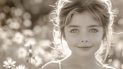 Sticker -   A young girl in a field of flowers is depicted in this monochrome image, her hair billowing in the wind